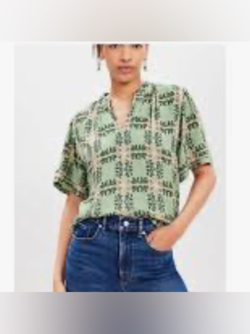 ANN TAYLOR LOFT Green Tiled Floral Vine Pleated Cuff Top Size S
